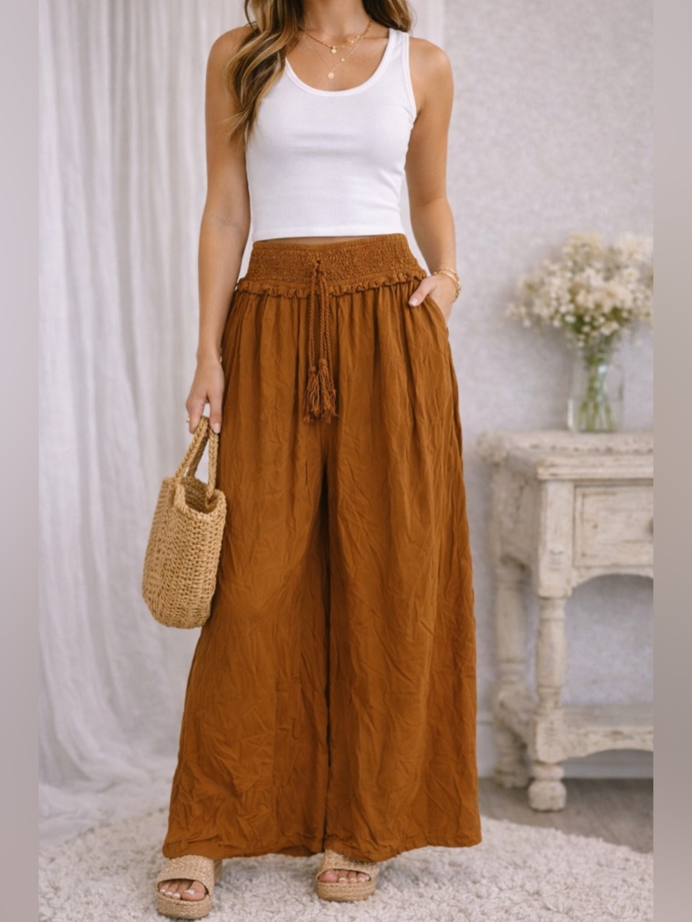 Shine Star Rust Brown Wide Leg Boho Pants Smocked Waist Small